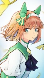  1girl absurdres alternate_hair_length alternate_hairstyle aqua_eyes black_bow black_bowtie blunt_ends bow bowtie commentary_request ear_covers ear_ornament green_sailor_collar highres looking_at_viewer open_mouth orange_hair sailor_collar shirt short_hair silence_suzuka_(umamusume) simple_background solo umamusume white_background white_shirt yrouumkinnoaw 