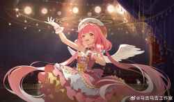  1girl :d absurdres ahoge angel_wings arm_up back_bow bare_shoulders beret black_bow black_bowtie blurry blurry_background bow bowtie breasts cella collar cowboy_shot curtains dress dress_bow feathered_wings fold-over_gloves frilled_dress frilled_gloves frills gloves hair_bow hair_intakes hair_ornament hairclip hand_on_own_chest hat higan:_eruthyll highres layered_dress long_hair low-tied_sidelocks low_twintails majimaji_studio medium_dress multicolored_dress music orange_bow people petticoat pink_bow pink_collar pink_dress pink_eyes pink_hair sidelocks singing small_breasts smile solo stage stage_curtains stage_lights star_(symbol) star_hair_ornament strapless strapless_dress tassel theater theater_seating twintails very_long_hair waist_bow watermark weibo_watermark white_dress white_gloves white_hat white_wings wings yellow_dress 