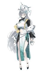  1girl absurdres ahoge animal_ear_fluff animal_ears black_halo blue_archive blue_eyes blush breasts broken_halo china_dress chinese_clothes clothing_cutout cross cross_hair_ornament dress extra_ears grey_hair hair_ornament halo highres inverted_cross large_breasts long_hair looking_at_viewer mam_a103 mismatched_pupils navel_cutout pelvic_curtain print_dress shiroko_terror_(blue_archive) side_slit sig_sauer solo wolf_ears wolf_girl 