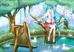  1girl aqua_eyes aqua_hair barefoot bird canvas_(object) duck easel feathers hatsune_miku long_hair necktie open_mouth sitting skirt solo toki_(toki-master) tree twintails very_long_hair vocaloid water wings 
