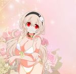  1girl bikini blush choker choujigen_game_neptune compa heart highres long_hair mitama pink_hair red_eyes solo swimsuit 