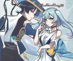  1boy 1girl aqua_eyes aqua_gemstone aqua_hair aqua_pupils arm_under_breasts armpit_cutout asymmetrical_sleeves black_collar black_hair black_shirt black_shorts blue_cape blue_hat blue_sleeves blunt_ends blush breasts cape closed_mouth clothing_cutout collar dress eyelashes eyeliner eyeshadow faruzan_(genshin_impact) feathers gem genshin_impact gold hair_ornament hand_up hat high_collar highres jewelry jingasa layered_shirt long_hair long_sleeves looking_at_viewer makeup medium_breasts neck_ring official_alternate_costume open_clothes open_mouth open_shirt prototype_design purple_rope ravtuneofrang39 red_eyeliner red_eyeshadow ring_hair_ornament rope scaramouche_(genshin_impact) shirt short_sleeves shorts shoulder_cutout sideways_mouth sketch symbol-shaped_pupils triangle-shaped_pupils triangle_hair_ornament triangle_ornament tsurime turtleneck turtleneck_shirt twintails twitter_username undershirt violet_eyes vision_(genshin_impact) wanderer_(genshin_impact) white_background white_collar white_dress white_shirt white_sleeves white_trim wispy_bangs yellow_feathers 