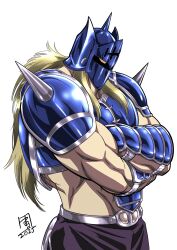  1boy arm_guards armor belt black_pants blonde_hair chest_guard cowboy_shot crossed_arms dated hashtag-only_commentary helmet highres kevin_mask kinnikuman kinnikuman_nisei long_hair male_focus marufuji_hirotaka metal_belt muscular muscular_male pants shoulder_armor shoulder_spikes signature simple_background solo spiked_helmet spikes standing visor_(armor) white_background yellow_eyes 