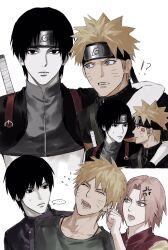  !? ... 1girl 2boys anger_vein annoyed arm_around_shoulder black_eyes black_hair black_headband blonde_hair blue_eyes facial_mark flying_sweatdrops grabbing_another's_ear green_eyes hand_on_another's_ear haruno_sakura headband highres konohagakure_symbol looking_at_another multiple_boys naruto_(series) naruto_shippuuden open_mouth pale_skin pink_hair sai_(naruto) short_hair simple_background speech_bubble sso_s sweatdrop sword sword_on_back teeth upper_body uzumaki_naruto weapon weapon_on_back whisker_markings white_background 
