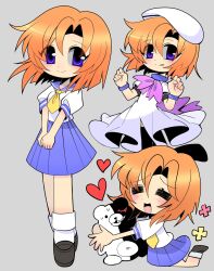  1girl :p bear beret black_shoes blue_eyes blue_sailor_collar blue_skirt blue_wrist_cuffs blush bow clenched_hands closed_eyes closed_mouth danganronpa_(series) dmebgsa3 dress flower full_body grey_background hat heart highres higurashi_no_naku_koro_ni hugging_object loafers looking_at_viewer monokuma multiple_girls neckerchief open_mouth orange_hair pleated_skirt puffy_short_sleeves puffy_sleeves purple_bow ryuuguu_rena sailor_collar school_uniform serafuku shirt shoes short_hair short_sleeves simple_background skirt smile socks sweatdrop take_it_home tongue tongue_out w_arms white_dress white_hat white_shirt white_socks wrist_cuffs yellow_neckerchief 