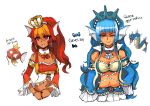  1girl age_progression blue_(hopebiscuit) blue_hair blue_lipstick breasts bust cleavage commentary crown dark_skin detached_sleeves eyebrows gyarados hair_tubes head_fins lipstick long_hair magikarp makeup mini_crown navel payot pokemon pokemon_(creature) ponytail red_eyes redhead small_breasts tubetop very_long_hair wink 