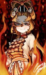  1girl blue_eyes brown_hair chain choker dress dress_ribbon fire flower flower-trimmed_dress grin highres holding holding_mask indicant's_trial_(e.g.o) limbus_company long_hair long_sleeves looking_at_viewer mask masquerade_mask project_moon red_background red_choker red_flower red_rose rodion_(project_moon) rose sami_camo simple_background smile solo updo upper_body white_dress white_flower white_rose 