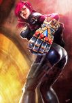  1girl artist_request ass bodysuit breasts facial_tattoo gauntlets league_of_legends long_hair looking_down pink_eyes pink_hair smile solo tattoo vi_(league_of_legends) 