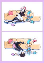  1boy 2girls absurdres arona_(blue_archive) bare_legs barefoot black_hair blue_archive blue_hair blue_halo blunt_bangs book bow catching collared_shirt colored_inner_hair couch falling flying flying_sweatdrops hair_bow hairband halo highres je_o_mo long_coat long_hair lying multicolored_hair multiple_girls necktie on_back pants pantyhose pillow pink_hair pink_halo plana_(blue_archive) pleated_skirt relief school_uniform sensei_(blue_archive) sensei_(blue_archive_the_animation) serafuku shirt short_hair skirt slippers sweatdrop tablet_pc very_long_hair whale white_hair 