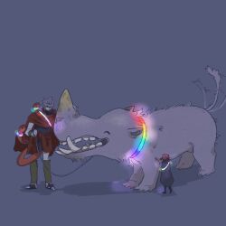  1boy 1girl ^_^ animal armor black_cloak blue_background breastplate cloak closed_eyes closed_mouth elden_ring elden_ring:_shadow_of_the_erdtree full_body golden_hippopotamus greaves helmet highres hippopotamus holding holding_leash leash melina_(elden_ring) messmer_the_impaler one_eye_closed open_mouth petting profile red_cloak red_hair red_snake sash scale_armor short_hair simple_background smile snake standing sugulu tail tail_wagging teeth yellow_eyes 