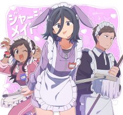  1boy 1girl 1other adriana_ortega angel_martinez animal_ears apron black_dress black_eyes black_hair bracelet broom brown_hair clinical_trial_(game) crossdressing crossdressing_(mtf) dark-skinned_female dark_skin dress fake_animal_ears frilled_apron frills highres holding holding_broom jacket jersey_maid jewelry lee_smith long_sleeves looking_at_viewer maid maid_apron maid_headdress multicolored_hair name_tag one_eye_closed open_mouth pminthama purple_track_suit rabbit_ears red_track_suit smile tongue tongue_out track_jacket track_suit turtleneck turtleneck_jacket unconventional_maid white_apron 