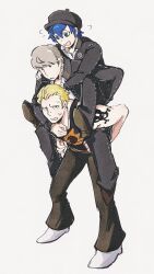  1girl 2boys black_hat black_jacket black_pants blonde_hair blue_hair carrying carrying_person collared_shirt crossdressing crossdressing_(ftm) full_body grey_hair hashtag-only_commentary hat highres jacket looking_at_another multiple_boys narukami_yu open_mouth pants persona persona_4 piggyback resaki_ol scar scar_on_face school_uniform shirogane_naoto shirt shoes short_hair simple_background skull_and_crossbones skull_and_crossbones_tattoo standing tatsumi_kanji tattoo white_background white_shirt yasogami_school_uniform 