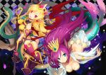  2girls aqua_eyes bird blonde_hair blue_eyes crown demon_wings earrings gloves head_fins headdress horns jewelry kishiro_(michiko) lilith_(p&amp;d) mermaid monster_girl multiple_girls owl pointy_ears purple_hair puzzle_&amp;_dragons red_eyes scythe shell shell_bikini siren_(p&amp;d) snake wings 