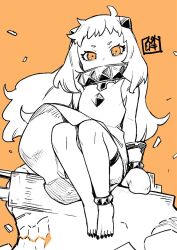  1girl abyssal_ship ahoge anklet bare_shoulders barefoot commentary_request covered_mouth dress feet horns jewelry jingai_modoki kantai_collection long_hair looking_at_viewer mittens northern_ocean_princess orange_background orange_eyes seal_impression sharp_toenails ship_turret simple_background sitting sleeveless sleeveless_dress solo spot_color thigh_strap toenails toes very_long_hair 