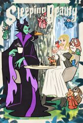  5girls aqua_skin aurora_(disney) bird blonde_hair choker colored_skin commentary crow diablo_(disney) dress eyeshadow fairy fauna_(disney) flore_(disney) grey_hair hat highres holding horns long_hair makeup maleficent merryweather_(disney) multiple_girls outdoors purple_eyeshadow rabbit sitting sleeping_beauty_(disney) smile smoke takeuchi_ryousuke white_dress 