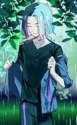  1boy amethio_(pokemon) black_shirt closed_eyes collarbone commentary_request copituji cowboy_shot dripping highres long_hair male_focus multicolored_hair open_mouth outdoors pants pokemon pokemon_(anime) pokemon_horizons puff_of_air rain shirt solo teeth upper_teeth_only water_drop wet wet_clothes 