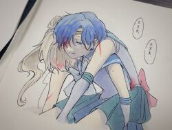  2girls aribezi bishoujo_senshi_sailor_moon blood blue_eyes blue_hair blue_skirt brown_hair carrying carrying_person circlet elbow_gloves gloves green_skirt highres injury kino_makoto long_hair mizuno_ami multiple_girls parted_bangs piggyback pleated_skirt ponytail sailor_jupiter sailor_mercury short_hair simple_background skirt traditional_media translation_request white_background white_gloves 