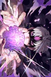  1boy black_nails commentary_request dandadan earrings enjoji_jin evil_eye_(dandadan) glint highres jewelry looking_at_viewer male_focus outstretched_arms possessed short_hair solo sparkle straight-on third_eye topless_male tutamu twitter_username upper_body violet_eyes white_hair 