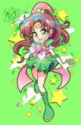  1girl back_bow bishoujo_senshi_sailor_moon bishoujo_senshi_sailor_moon_supers boots bow bowtie brooch brown_hair choker earrings elbow_gloves electricity electrokinesis flower_earrings gloves green_boots green_choker green_eyes green_sailor_collar green_skirt hair_ornament happynaru23 heart heart_brooch jewelry kino_makoto lightning long_hair pink_bow pink_bowtie ponytail sailor_collar sailor_jupiter sailor_senshi_uniform shirt skirt solo super_sailor_jupiter white_gloves white_shirt 