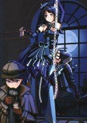  2girls animal_ears arknights atsubomi bang_dream! bang_dream!_it&#039;s_mygo!!!!! black_boots black_dress black_gloves black_hair black_hat black_thighhighs blue_eyes blurry boots brown_coat brown_hat chain closed_mouth coat commentary depth_of_field dress full_moon gloves hashtag-only_commentary hat highres holding_carton long_hair magnifying_glass moon multiple_girls red_gloves shiina_taki sleeveless sleeveless_dress thigh-highs window wolf_ears wolf_girl yahata_umiri yahata_umiri_(moonlight_executioner) 