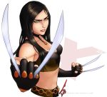  1girl belt black_hair breasts bust choker claw_(weapon) cleavage clenched_hands crop_top elbow_gloves fingerless_gloves gloves green_eyes jewelry lips long_hair marvel midriff nose pendant scyfon small_breasts solo x-23 x-men 