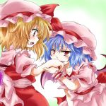  2girls bat_wings blonde_hair blue_hair blush bow eye_contact fang flandre_scarlet gradient gradient_background hand_on_mouth hat hat_ribbon looking_at_another mob_cap multiple_girls open_mouth red_eyes remilia_scarlet ribbon short_hair siblings simple_background sisters skirt skirt_set touhou unya wings wrist_cuffs wrist_grab 