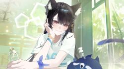  1girl absurdres animal_ear_fluff animal_ears black_hair blue_hair bottle bracelet cat_ears closed_mouth colored_inner_hair commentary english_commentary hand_on_own_face highres holding holding_bottle hololive hololive_english indoors jailbird_(nerissa_ravencroft) jewelry multicolored_hair nerissa_ravencroft shirt thekaiyip violet_eyes virtual_youtuber white_shirt window zzz 