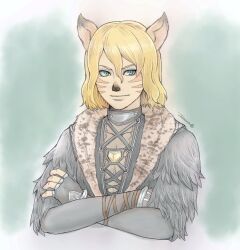  1boy animal_ears aqua_eyes black_gloves blonde_hair cat_boy cat_ears cropped_torso crossed_arms facial_mark final_fantasy final_fantasy_xi fingerless_gloves fur_trim gloves green_background hair_between_eyes jasmine918 lehko_habhoka male_focus medium_hair mithra_(ff11) signature smile solo whisker_markings 