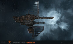  3d absurdres attack_ship_(eve_online) battleship_(eve_online) clouds commentary company_logo company_name copyright_logo copyright_name dated english_commentary eve_online flying glowing highres logo maya_(medium) military_vehicle minmatar_logo_(eve_online) minmatar_republic_(eve_online) no_humans outdoors radar radio_antenna realistic science_fiction solar_panel space spacecraft star_(sky) starry_sky_background tempest_(eve_online) thrusters thukker_mix_(eve_online) vehicle_focus vehicle_name ymir_jonsson 
