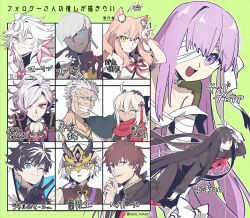  ahoge animal_ears bandage_over_one_eye beard black_gloves black_hair brown_hair charlemagne_(fate) charlemagne_(first_ascension)_(fate) cigarette colored_skin dark-skinned_female dark-skinned_male dark_skin earrings edmond_dantes_(fate) facial_hair fate/grand_order fate_(series) fox_ears gloves goatee green_background grey_hair grey_skin headpat hector_(fate) highres indra_(fate) jewelry kimidorix32 kingprotea_(fate) mask merlin_(fate) mouth_hold multiple_drawing_challenge nagakura_shinpachi_(fate) nagakura_shinpachi_(first_ascension)_(fate) okita_souji_(fate) okita_souji_alter_(fate) okita_souji_alter_(first_ascension)_(fate) one_eye_closed oryou_(fate) prince_of_lan_ling_(fate) purple_hair red_scarf scarf signature stalk_in_mouth suzuka_gozen_(fate) the_count_of_monte_cristo_(fate) the_count_of_monte_cristo_(second_ascension)_(fate) twitter_username v white_hair 