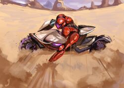  1girl akira_slide arm_cannon armor assault_visor chilustrator commentary desert drifting highres looking_at_viewer metroid metroid_prime_4:_beyond motor_vehicle motorcycle power_suit_(metroid) purple_visor samus_aran shoulder_armor solo twitter_username vi-o-la vi-o-la_suit weapon 