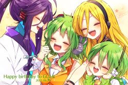  2boys 2girls :d ahoge bare_shoulders black_hairband blonde_hair blush buck_teeth closed_eyes commentary_request double-parted_bangs green_hair gumi hair_between_eyes hairband hand_up kaho_0102 kamui_gakupo lily_(vocaloid) long_hair long_hair_between_eyes long_sleeves multiple_boys multiple_girls open_mouth orange_shirt purple_hair ryuuto_(vocaloid) shirt short_hair sleeveless sleeveless_shirt smile teeth upper_body v-shaped_eyebrows vocaloid white_shirt wrist_cuffs 