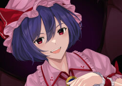  1girl absurdres bat_wings blue_brooch bow commentary_request fangs frilled_shirt_collar frilled_wrist_cuffs frills hand_up hat hat_ribbon highres light_blush lips mob_cap nagato_tsumugu open_mouth pink_hat pink_shirt portrait purple_background purple_hair red_bow red_eyes red_ribbon remilia_scarlet ribbon shirt short_hair slit_pupils smile solo teeth touhou upper_teeth_only wings wrist_cuffs 