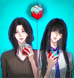  2girls aqua_background black_hair blue_eyes blue_necktie brown_sweater collared_shirt commentary damiee drinking_straw gil_somyung highres holding_juice_box juice_box like_mother_like_daughter long_hair mother_and_daughter multiple_girls necktie parted_lips red_pupils shirt signature somyung&#039;s_mother_(like_mother_like_daughter) sweater 
