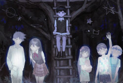  2girls 4boys antenna_hair arm_up aubrey_(headspace)_(omori) aubrey_(omori) basil_(headspace)_(omori) basil_(omori) black_eyes black_hair black_shoes black_sweater_vest blue_overalls blue_shirt blush book bow breasts bright_pupils brothers brown_shorts closed_eyes closed_mouth collared_shirt double-parted_bangs expressionless flower green_hair green_shirt grin hair_bow hands_in_pockets head_wreath hero_(headspace)_(omori) hero_(omori) highres holding holding_book holding_stuffed_toy kel_(headspace)_(omori) kel_(omori) ladder long_hair long_shirt looking_at_another looking_at_viewer mari_(headspace)_(omori) mari_(omori) mr._plantegg_(omori) multiple_boys multiple_girls neckerchief night omori one_eye_closed open_mouth outdoors overalls pajamas pants pink_bow pleated_skirt purple_hair purple_shorts red_neckerchief shirt shoes short_hair short_sleeves shorts siblings sitting skirt small_breasts smile solipsist striped_clothes striped_pajamas striped_pants stuffed_eggplant stuffed_toy sunny_(omori) sweater_vest tank_top teeth tree vertical-striped_clothes vertical-striped_pajamas vertical-striped_pants violet_eyes white_pupils white_shirt 