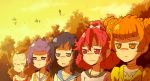  5girls afro aida_mana bird blue_eyes blue_hair brown_eyes brown_hair bust chibi dokidoki!_precure double_bun hishikawa_rikka kenzaki_makoto madoka_aguri multiple_girls orange_eyes orange_hair pink_eyes pink_hair precure purple_hair sunset tears tj-type1 tree violet_eyes yotsuba_alice 