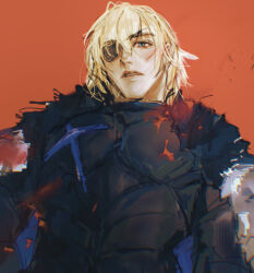  1boy armor black_armor black_fur blonde_hair blood blood_on_armor blue_cape blue_eyes breastplate cape commentary dimitri_alexandre_blaiddyd dimitri_alexandre_blaiddyd_(timeskip) eyepatch fire_emblem fire_emblem:_three_houses fur_trim hair_behind_ear hashtag-only_commentary lno408 male_focus medium_hair one_eye_covered parted_bangs parted_lips red_background simple_background solo teeth upper_body white_fur 
