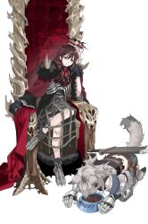  2girls animal_ears armored_boots belt black_gloves boots cape closed_mouth commentary_request crinoline feral_instincts girls_band_cry girls_band_cry_rpg gloves grey_hair halo highres iseri_nina kawaragi_momoka kemonomimi_mode korean_commentary maldaliza0818 multiple_girls red_brooch red_cape red_eyes red_hair short_twintails simple_background sitting sword sword_on_back tail throne twintails weapon weapon_on_back white_background wolf_ears wolf_girl wolf_tail 