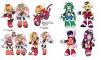  alternate_color alternate_costume blonde_hair cable call_(mighty_no._9) concept_art electric_plug green_eyes green_hair hat kimoto_takenori long_hair mighty_no._9 motor_vehicle motorcycle pink_eyes pink_hair ponytail purple_hair robot robot_ears striped_sleeves twintails vehicle yellow_eyes 