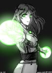  1girl autumn-north dc_comics energy_ball glowing green_eyes long_hair monochrome solo spot_color starfire teen_titans 