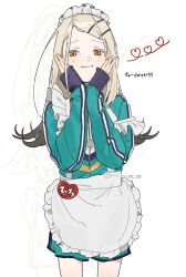  1girl alternate_costume apron blonde_hair blush enmaided flipped_hair frilled_apron frills gakuen_idolmaster gradient_hair green_jacket green_shorts grey_hair hands_on_own_cheeks hands_on_own_face hashtag-only_commentary heart highres idolmaster jacket jersey_maid light_smile long_hair looking_at_viewer maid maid_apron maid_headdress mimiss_33 multicolored_hair name_tag orange_eyes shinosawa_hiro shorts solo swept_bangs track_jacket translation_request unconventional_maid 