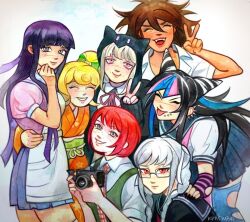  6+girls apron black_hair black_jacket black_nails black_sailor_collar black_shirt blonde_hair blue_hair blue_sailor_collar blue_skirt blue_streaks blunt_bangs blush bow braid brown_hair camera closed_eyes closed_mouth collared_shirt commentary danganronpa_(series) danganronpa_2:_goodbye_despair dark-skinned_female dark_skin ear_piercing english_commentary eyelashes face_piercing fangs fingerless_gloves fingernails floral_print floral_print_kimono freckles glasses gloves green_bow green_sash green_vest grey_eyes grey_hair hair_bow hair_horns hand_on_another&#039;s_hip holding holding_camera hood hood_up hooded_jacket jacket japanese_clothes kimono koizumi_mahiru kpiva lips long_hair mioda_ibuki mouth_piercing multicolored_hair multiple_girls nail_polish nanami_chiaki neck_ribbon obi open_clothes open_jacket open_mouth orange_kimono owari_akane pekoyama_peko photo-referenced piercing pink_eyes pink_hair pink_ribbon pink_shirt pink_streaks print_kimono purple_hair rectangular_eyewear red_eyes ribbon sailor_collar saionji_hiyoko sash school_uniform serafuku shirt short_hair short_sleeves single_fingerless_glove skirt smile streaked_hair striped_clothes striped_gloves tan teeth thigh-highs tongue tongue_out torn_clothes torn_thighhighs tsumiki_mikan twin_braids twintails v v-shaped_eyebrows vest violet_eyes white_apron white_hair white_shirt 