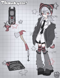  1girl am314 axe beanie black_necktie black_shoes cellphone cellphone_charm charm_(object) commission grey_hair grey_jacket grey_leg_warmers grid_background hands_in_pockets hat highres jacket leg_warmers long_hair looking_at_viewer miniskirt necktie open_clothes open_jacket original ouija phone red_eyes red_thighhighs shirt shoes skeb_commission skirt solo striped_clothes striped_hat striped_thighhighs thigh-highs white_shirt 