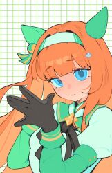  animal_ears bea_lenoir black_gloves blue_eyes blunt_bangs ear_covers gloves grid_background hairband highres horse_ears horse_girl long_hair orange_hair own_hands_together silence_suzuka_(umamusume) umamusume 