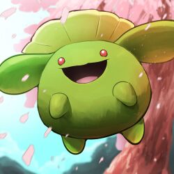  absurdres cherry_blossoms colored_skin falling_petals green_skin highres no_humans open_mouth outdoors petals pink_petals pokemon pokemon_(creature) red_eyes skiploom solo spicyichizo tree 