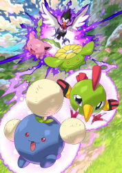  :3 ^_^ artist_request bird blue_eyes blue_sky closed_eyes closed_mouth clouds day grass hoppip jumpluff natu no_humans official_art open_mouth orange_eyes outdoors pokemon pokemon_(creature) pokemon_focus pokemon_tcg red_eyes second-party_source skiploom sky smile trumbeak 