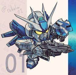  barutan beam_rifle char's_counterattack char's_counterattack_-_beltorchika's_children chibi commentary energy_gun gun gundam hi-nu_gundam holding holding_gun holding_weapon mecha mobile_suit no_humans robot science_fiction sd_gundam shield solo twitter_username v-fin weapon yellow_eyes 