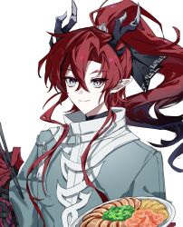  1boy arknights black_hair chopsticks closed_mouth colored_extremities commentary_request crossed_bangs gamjatang green_eyes grey_jacket hair_between_eyes hair_intakes highres holding holding_chopsticks jacket korean_commentary long_hair looking_at_viewer male_focus multicolored_eyes multicolored_hair plate pointy_ears ponytail red_hair simple_background smile solo streaked_hair two-tone_eyes upper_body violet_eyes white_background yu_(arknights) 