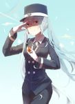 1girl gloves hat hatsune_miku long_hair necktie salute smile solo twintails very_long_hair vocaloid whistle xuehua 