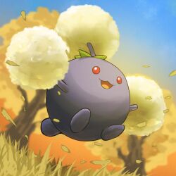  absurdres blue_sky day grass highres jumpluff no_humans open_mouth outdoors pokemon pokemon_(creature) red_eyes sky solo spicyichizo tree 